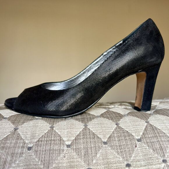 Taryn Rose Patterned Black Leather Peep Toe Pumps Block Heel Women 37 US 6.5 - 7 - Picture 1 of 16